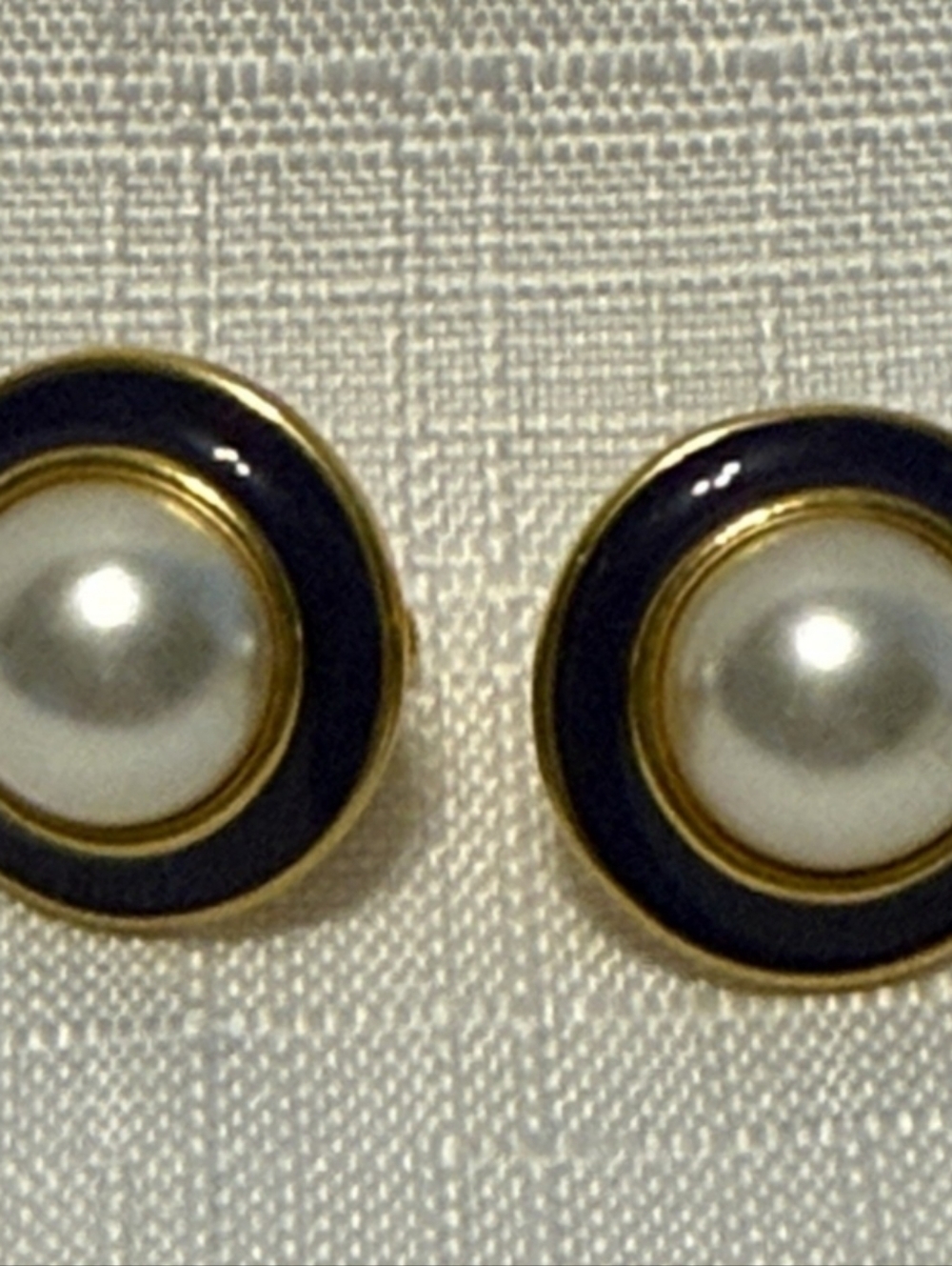 Vintage Elegant Navy and Gold Pearl Button Clip On Earrings By Jaquline Smith